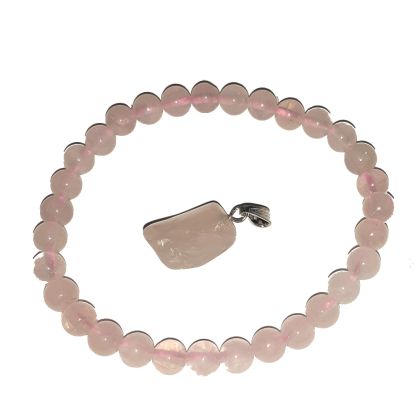 Rosenquarz Schmuck-Set,  Steinschmuck Kugel Armband und Anhänger mit Öse, Edelstein-Kristall Schmuck