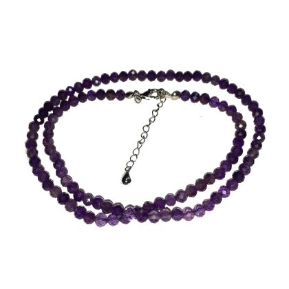 Amethyst facettierte Kugeln-Perlen Kette | Halskette mit Karabiner Verschluss-Verlängerungskettchen | Edelstein Kette violett