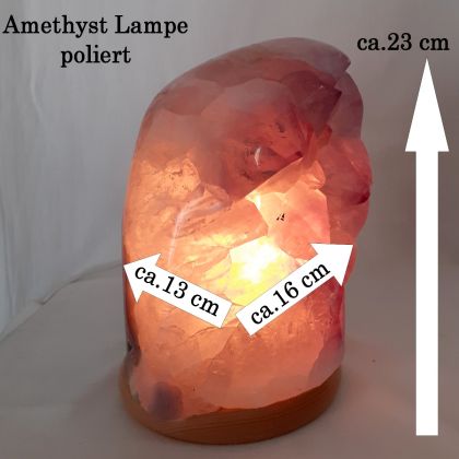 Amethyst Lampe poliert, Edelsteinlampe mit Holzsockel, Kristall Stein Leuchte mit Calcit, N205