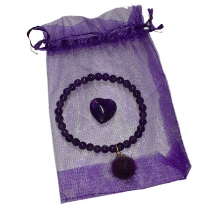 Amethyst Set Stretch-Perlen-Armband, Herz-Handschmeichler, Fellkugel Anhänger