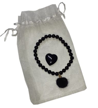 Turmalin Set Stretch-Perlen-Armband, Herz-Handschmeichler, Fellkugel Anhänger