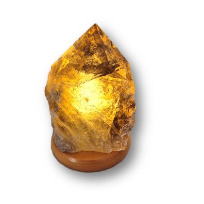 Rauchquarz Edelsteinlampe mit polierter Spitze, Quarz Rohstein mit Holzsockel, individuelle Steinleuchte, N207