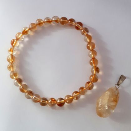 Citrin Armband und Anhänger im Set, Schmuckset Perlen Armband mit Trommelstein Kristall Anhänger mit Öse