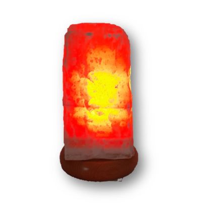 Calcit Edelsteinlampe aus einem gelb-orangen Naturstein, Orangencalcit Edelstein-Leuchte mit Holzsockel, sonnig-warmes Stimmungslicht, N192