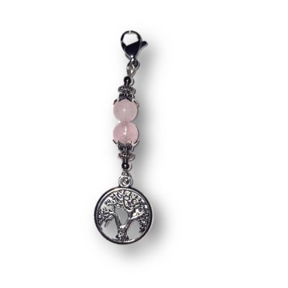 Handgefertigter Schlüsselanhänger Lebensbaum, Taschenanzubehör mit Rosenquarz und Karabiner