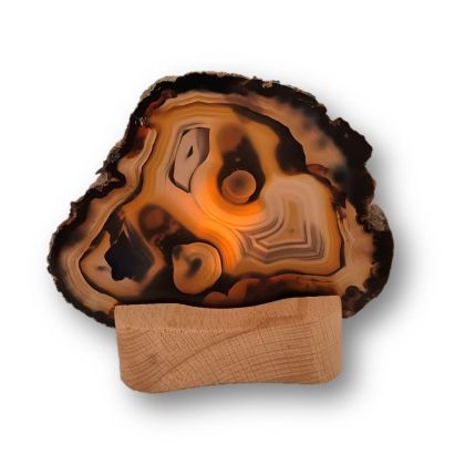 Achat Scheibe mit Holz-Teelichthalter, Halterung zum aufstellen und beleuchten mit einer Teelicht Kerze N26-1-84