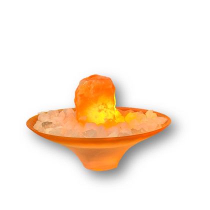 Edelstein Zimmerbrunnen mit einem Orangencalcit Quellstein, Dekobrunnen Innenbereich, beleuchtet