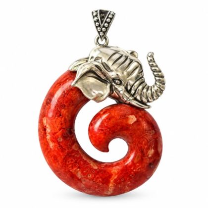 Korallen Kettenanhänger in Spiralenform gefasst mit Elefantenkopf und Öse – Silberschmuck