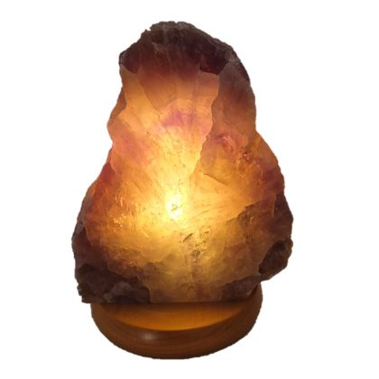 Amethyst Steinlampe, Front poliert, heller Holzsockel, Edelstein-Lampe N310