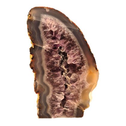 Achat-Geode mit violettem Amethyst-Kristallzentrum, stehende, Front polierte Achatgeode, N129