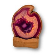 Achat-Scheibe violett mit Holz-Teelichthalter zur Aufnahme einer Kerze und Beleuchtung der Achatscheibe, V86