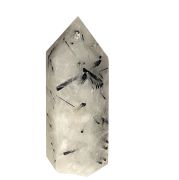 Turmalinquarz Standspitze | Edelstein Quarz Kristall-Spitze mit schwarzen Turmalin/Schörl | echter Naturstein, Deko-Objekt, Energiestein |N72