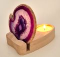 Achat-Scheibe violett mit Holz-Teelichthalter zur Aufnahme einer Kerze und Beleuchtung der Achatscheibe, V86