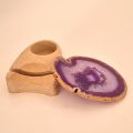 Achat-Scheibe violett mit Holz-Teelichthalter zur Aufnahme einer Kerze und Beleuchtung der Achatscheibe, V86