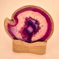 Achat-Scheibe violett mit Holz-Teelichthalter zur Aufnahme einer Kerze und Beleuchtung der Achatscheibe, V86
