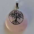 Anhänger Rosenquarz Scheibe mit Lebensbaum Halter | Kettenanhänger | rosa Quarz Edelstein für Halskette | Reiki Amulette Kreis Schmuckanhänger