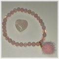 Rosenquarz Set mit Rosa Quarz Stretch-Perlen-Armband, Herz-Handschmeichler, Fellkugel Anhänger