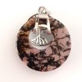 Anhänger Rhodonit Scheibe mit Lebensbaum Halter, Kettenanhänger, Kristall Edelstein für Halskette, Reiki Amulette Kreis Schmuckanhänger