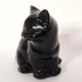 Katze Edelstein-Tier, Katzen-Figur sitzend aus Silber Obsidian Stein