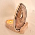 Achat Scheibe mit Holz-Teelichthalter | Halterung/Ständer zum aufstellen und beleuchten mit einer Teelicht Kerze | N11-143