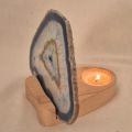 Achat-Scheibe blau mit Holz-Teelichthalter zur Aufnahme einer Kerze zur Beleuchtung der Achatscheibe B11-146