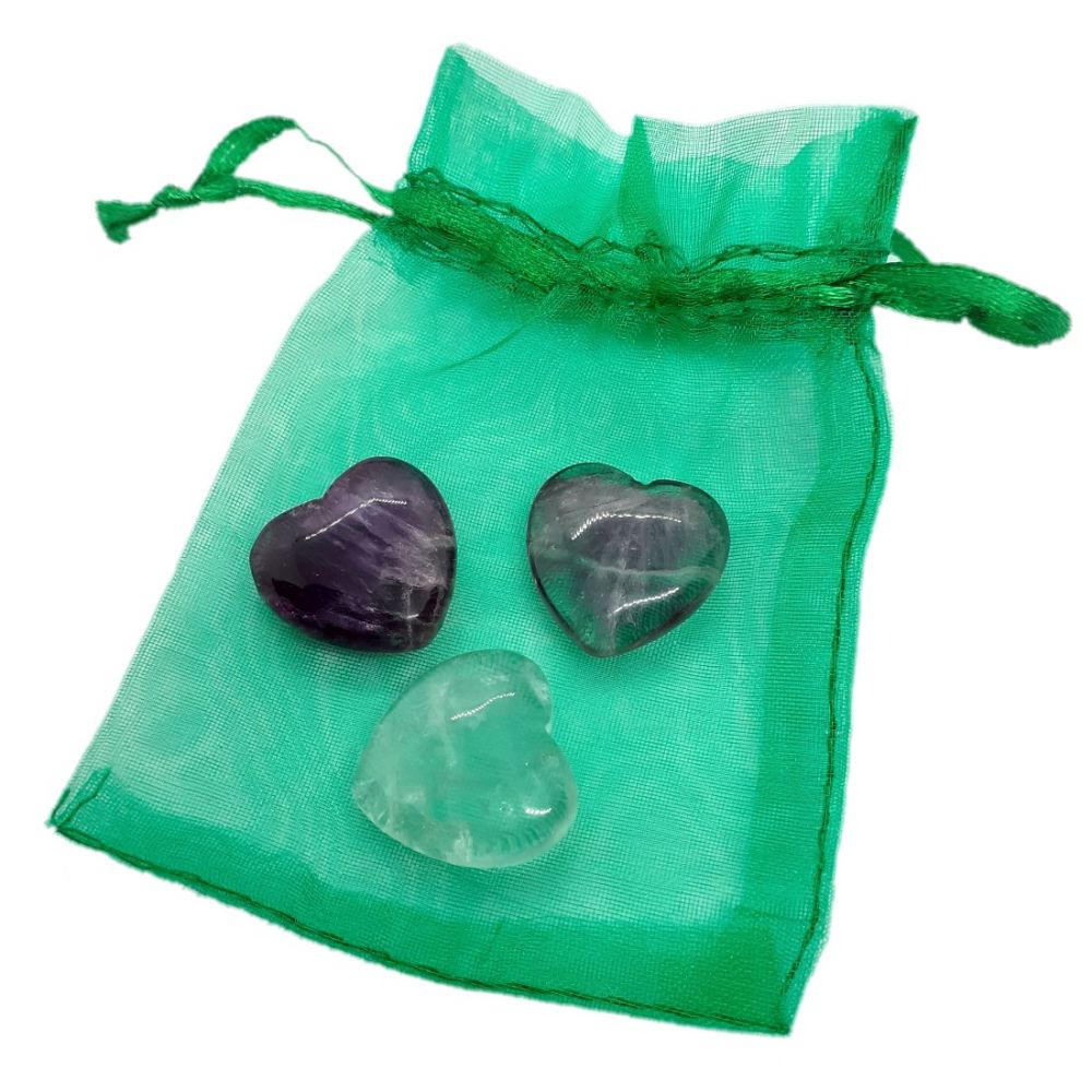 Herz-Set Fluorit | 3 Edelstein Herz Handschmeichler | drei Fluorite als  Glücksbringer oder Geschenk, zur Dekoration