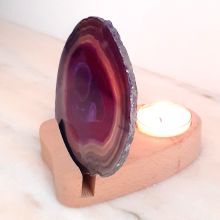 Achat-Scheibe rosa mit Holz-Teelichthalter zur Aufnahme einer Kerze und Beleuchtung der Achatscheibe mit einem Kerzen Teelicht, R125