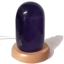 Regenbogen Fluorit Lampe mit Holzsockel | polierter Fluorit violett beleuchtet | Edelstein-Lampe Unikat | N830