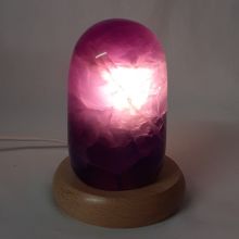 Regenbogen Fluorit Lampe mit Holzsockel | polierter Fluorit violett beleuchtet | Edelstein-Lampe Unikat | N830