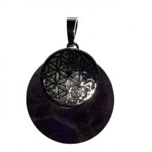 Anhänger Blume des Lebens mit Amethyst Scheibe | Kettenanhänger |violetter Edelstein für Halskette | Reiki Amulette Kreis Schmuckanhänger für Damen und Herren