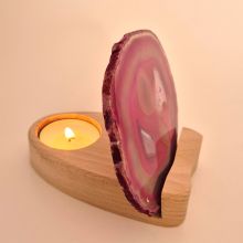 Achat-Scheibe rosa mit Teelichthalter Holz, Achatscheibe beleuchtet mit einer Teelichtkerze , R102