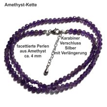 Amethyst facettierte Kugeln-Perlen Kette | Halskette mit Karabiner Verschluss-Verlängerungskettchen | Edelstein Kette violett