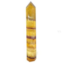 Fluorit Spitze | Edelstein Standspitze | Therapiestein Regenbogen-Fluorit | größere Heilsteinspitze gelb-violett gemasert | N296
