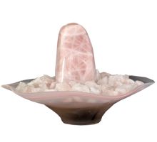 Rosenquarz polierter Quellstein Zimmerbrunnen, Standbrunnen Dekosteine Rosa-Quarz, Glasschale Roxana weiss-rosa, ca. 32 cm