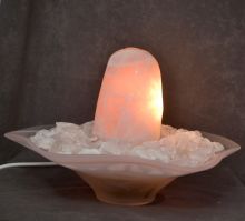 Rosenquarz polierter Quellstein Zimmerbrunnen, Standbrunnen Dekosteine Rosa-Quarz, Glasschale Roxana weiss-rosa, ca. 32 cm
