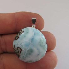 Larimar Cabochon, schöner runder Larimar Anhänger Silber, Echter Larimar Schmuck kaufen N14