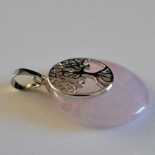 Anhänger Rosenquarz Scheibe mit Lebensbaum Halter | Kettenanhänger | rosa Quarz Edelstein für Halskette | Reiki Amulette Kreis Schmuckanhänger