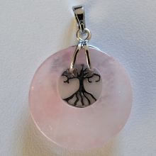 Anhänger Rosenquarz Scheibe mit Lebensbaum Halter | Kettenanhänger | rosa Quarz Edelstein für Halskette | Reiki Amulette Kreis Schmuckanhänger