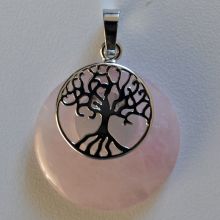 Anhänger Rosenquarz Scheibe mit Lebensbaum Halter | Kettenanhänger | rosa Quarz Edelstein für Halskette | Reiki Amulette Kreis Schmuckanhänger