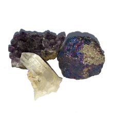 Mineralien Set mit je 1x Amethyst, Berkristall, Buntkupfer | drei verschiedene Edelstein Kristalle für Sammler, zur Dekoration | N153
