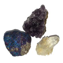 Mineralien Set mit je 1x Amethyst, Berkristall, Buntkupfer | drei verschiedene Edelstein Kristalle für Sammler, zur Dekoration | N153