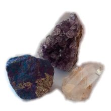 Mineralien Set mit je 1x Amethyst, Berkristall, Buntkupfer | drei verschiedene Edelstein Kristalle für Sammler, zur Dekoration | N153