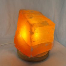 Selenit Rohsteinlampe orange, Steinlampen mit Rechteck Holzsockel, Natur--Kristall-Stein urige, kantige Form, N422