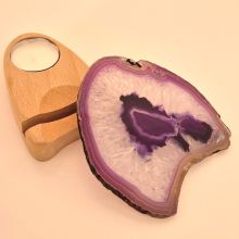 Achatscheiben Beleuchtung mit Holz Kerzenhalter, Achat Scheibe violett mit einem Kerzen Teelichthalter, V125
