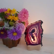 Achatscheiben Beleuchtung mit Holz Kerzenhalter, Achat Scheibe violett mit einem Kerzen Teelichthalter, V188