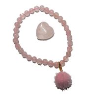 Rosenquarz Set mit Rosa Quarz Stretch-Perlen-Armband, Herz-Handschmeichler, Fellkugel Anhänger