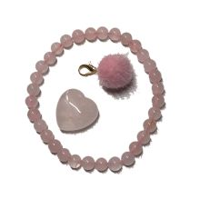 Rosenquarz Set mit Rosa Quarz Stretch-Perlen-Armband, Herz-Handschmeichler, Fellkugel Anhänger