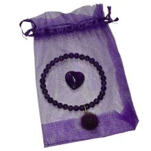 Amethyst Set Stretch-Perlen-Armband, Herz-Handschmeichler, Fellkugel Anhänger