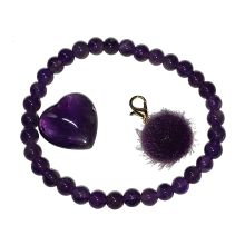 Amethyst Set Stretch-Perlen-Armband, Herz-Handschmeichler, Fellkugel Anhänger