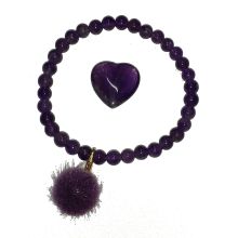 Amethyst Set Stretch-Perlen-Armband, Herz-Handschmeichler, Fellkugel Anhänger